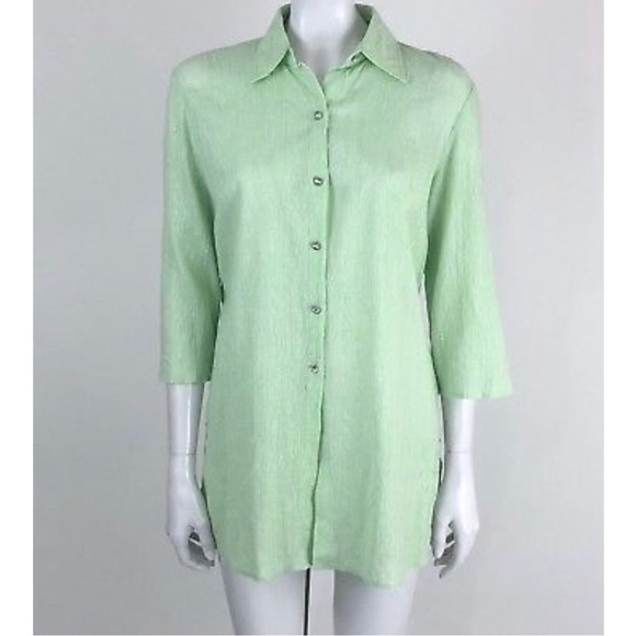 Susan Graver Green Metallic Button Down Tunic Top - Picture 1 of 6